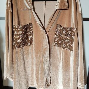 POL Velvet Button-Down Shirt with Floral Accents